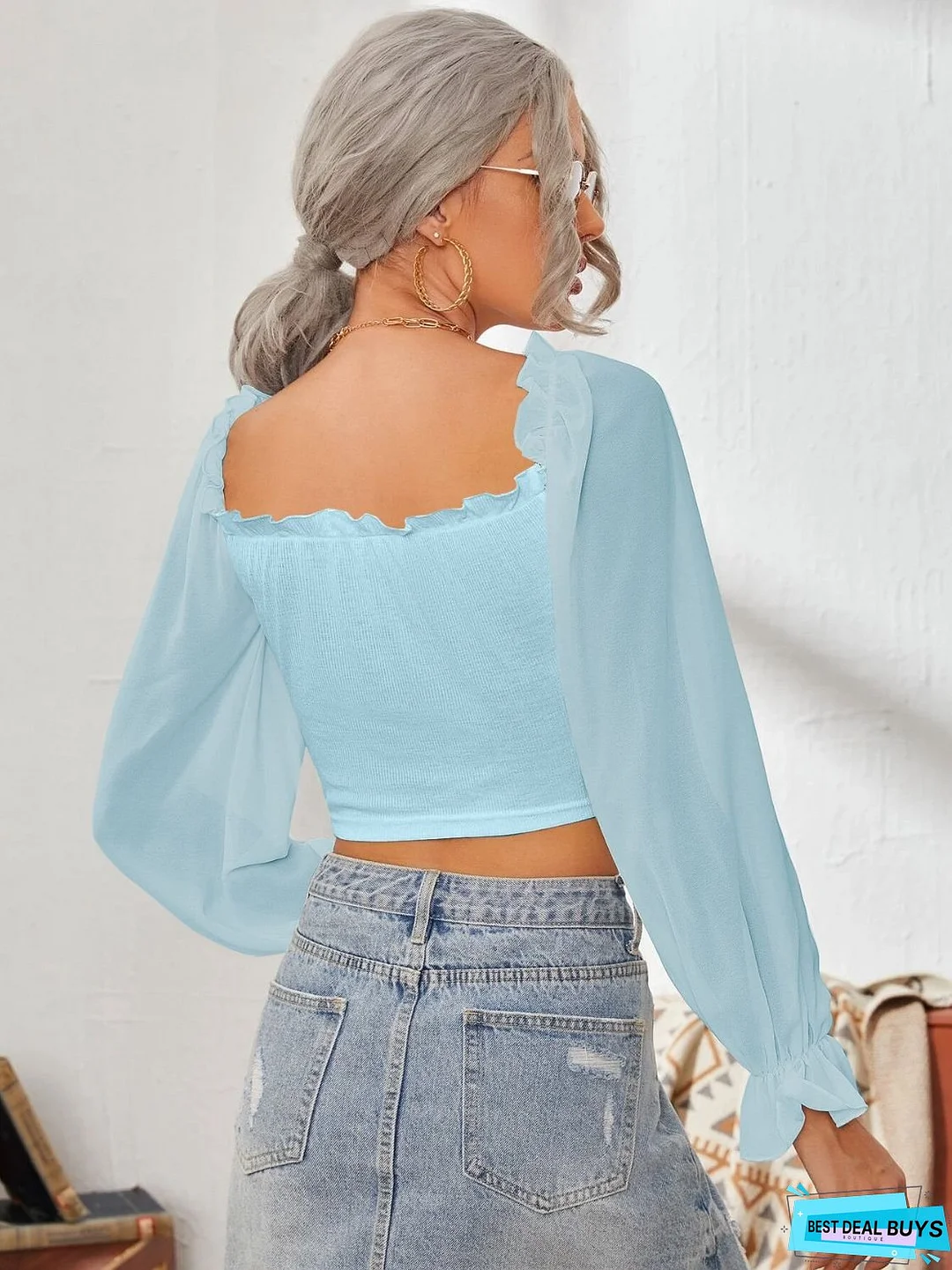 Mesh Sweetheart Neck Flounce Sleeve Top