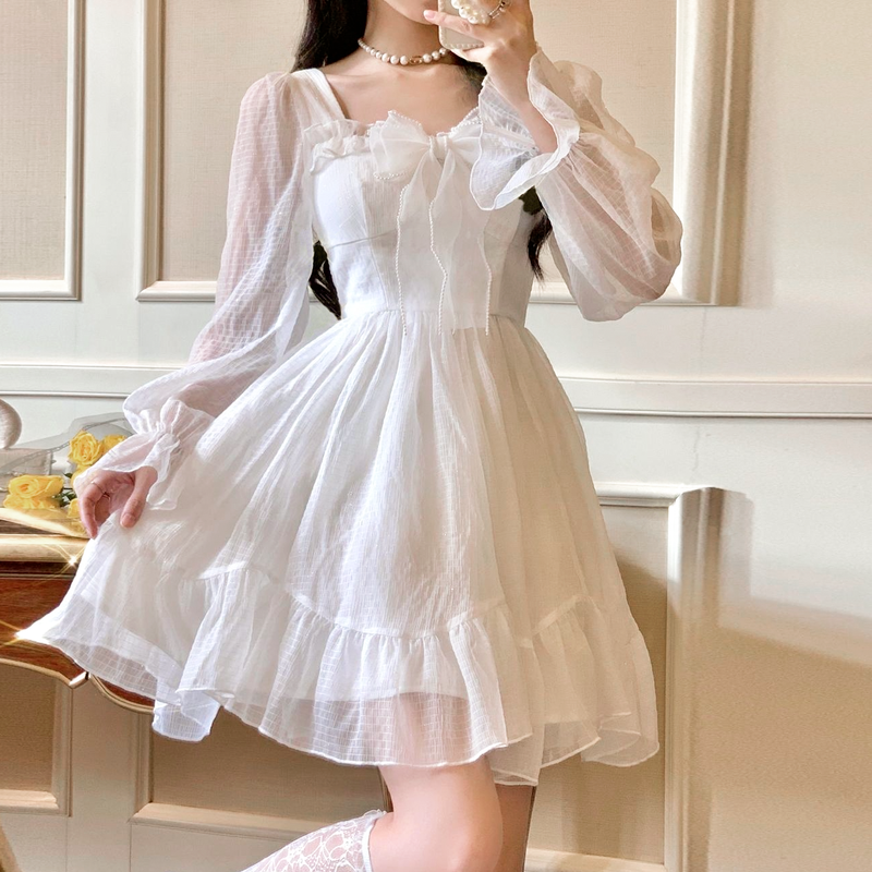 Sweet Fairy Lolita Long Sleeve Lace Y2k Mini Dress PE160