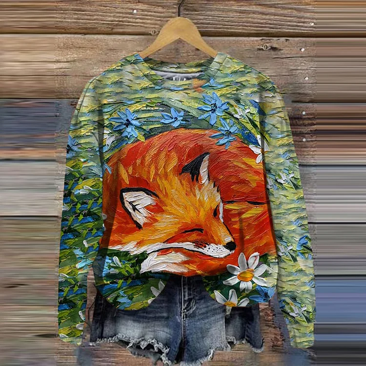 Women's Oil Painting Fox Print Round Neck Sweatshirt