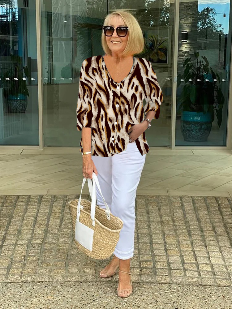 V-neck Leopard Print 3/4 Sleeve Tunic Tops