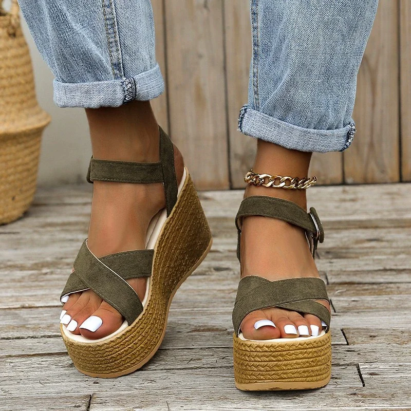 Qengg New Women's Sandals Fashion Buckle Platform Wedge Casual Shoes Hemp Rope Weave Comfortable Roman Sandals Sandalias Tacon Grueso