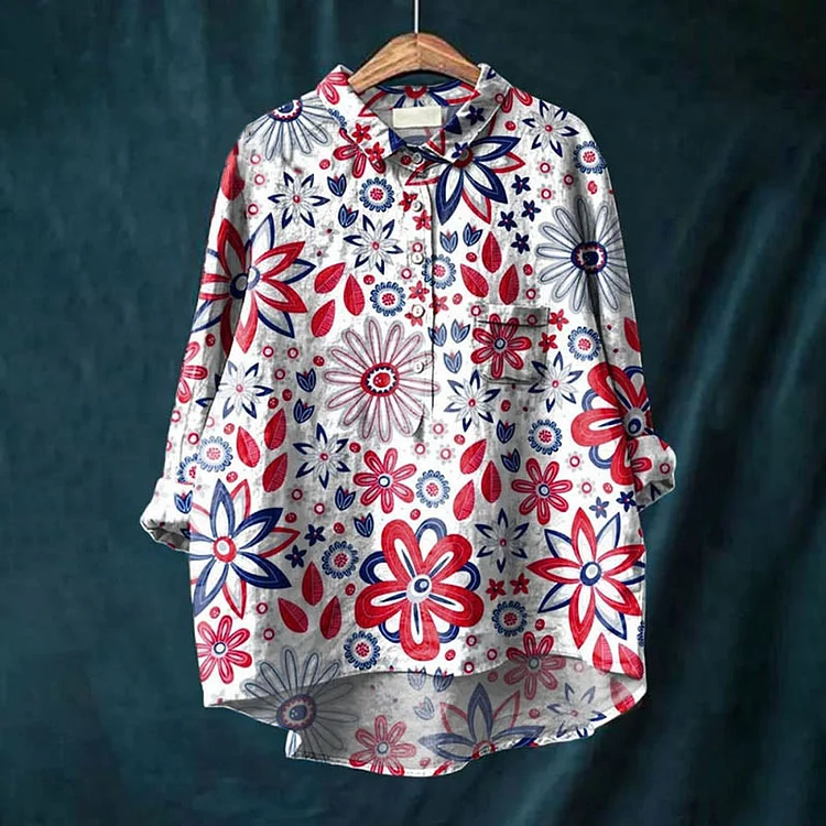 Women's Vintage Small Florals And Leaves Art Print Casual Lapel Blouse