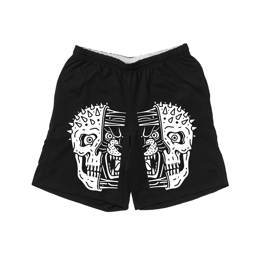 Open Minded Skull Printed Elastic-waistband Black Shorts