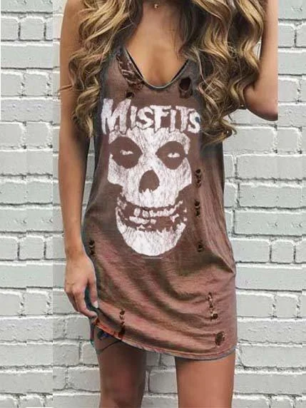 Punk Skull Mistfits V Neck Cotton Sleeveless Dresses