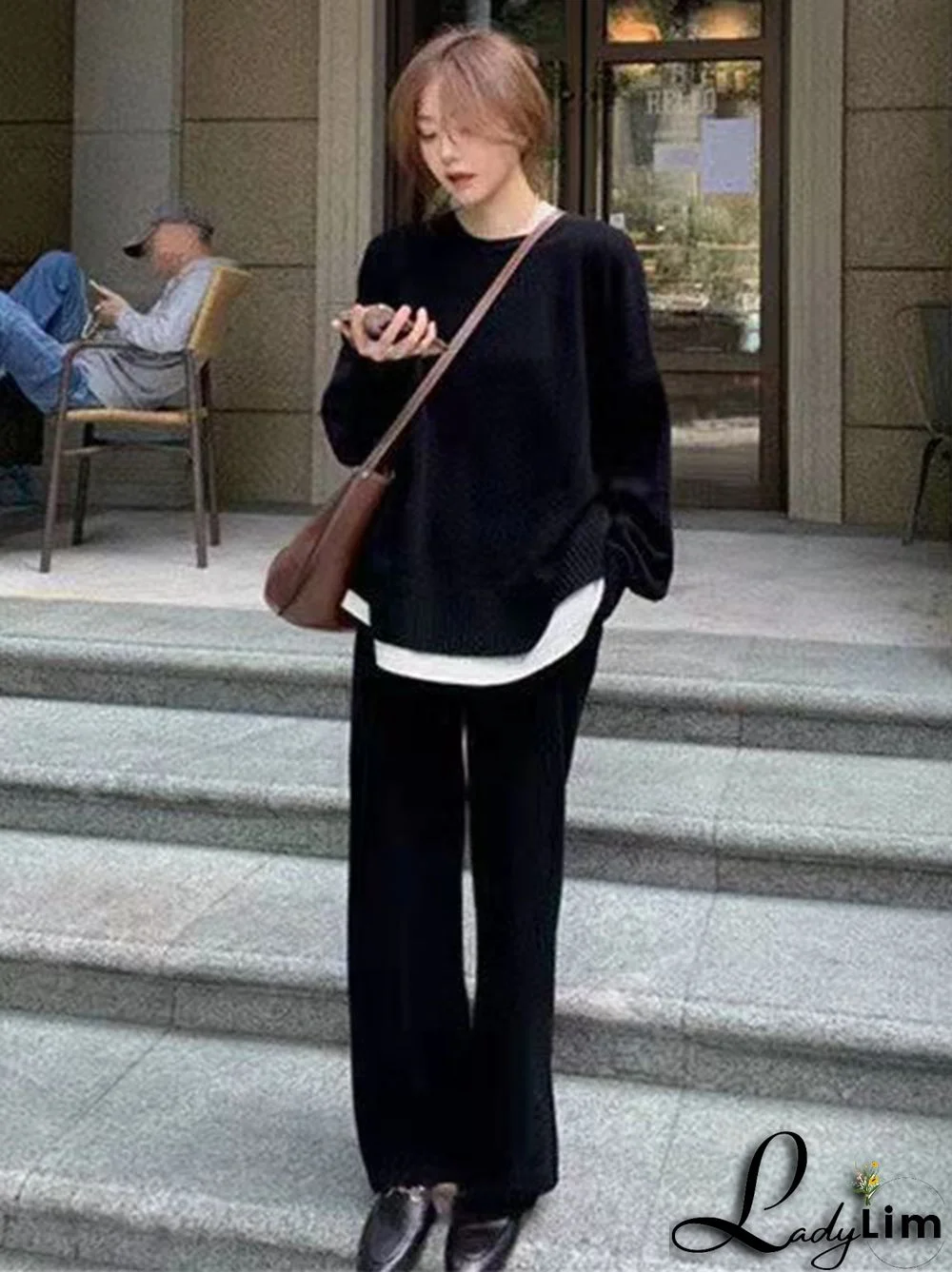 Casual Loose Solid Color Round-Neck Sweater Tops & Wide Leg Pants Suits