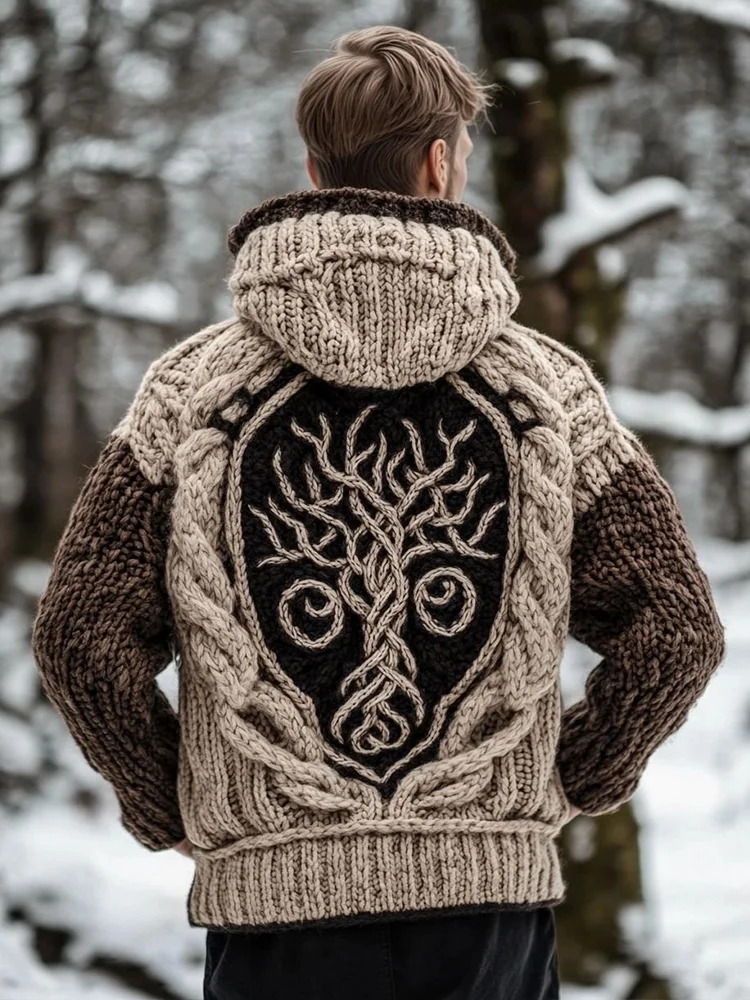 Men's Vintage Viking Style Contrast Color Knit Hooded Cardigan