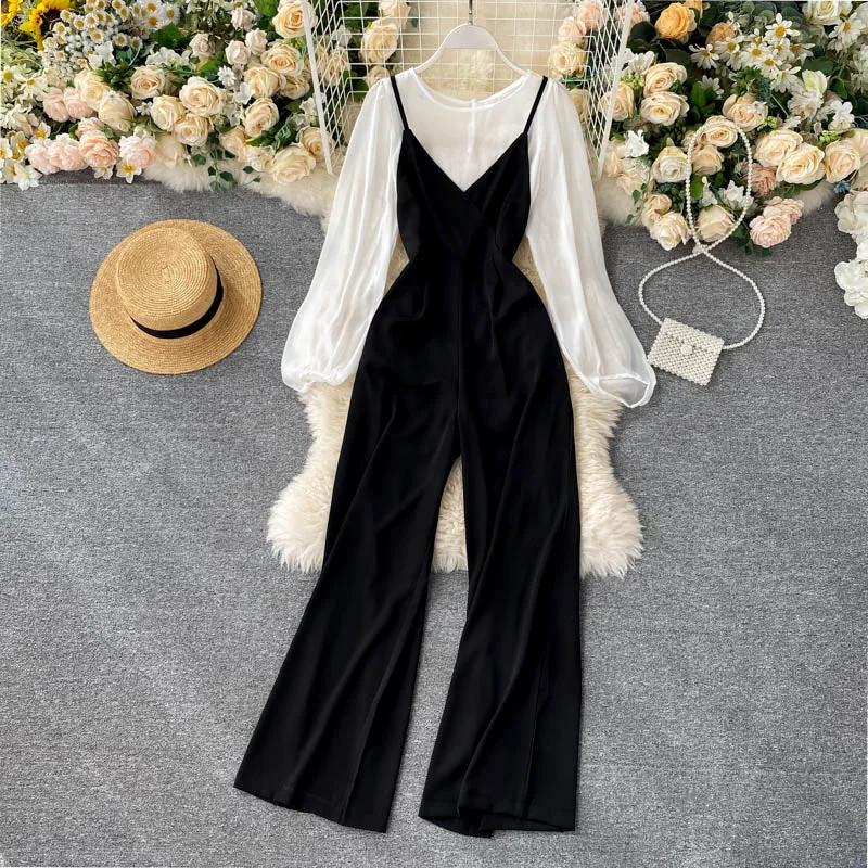 Spring Autumn Women's Sets Korean The Bottoming Shirt Top All-match Sling Jumpsuit New Loose Casual Two-piece Sets LL950