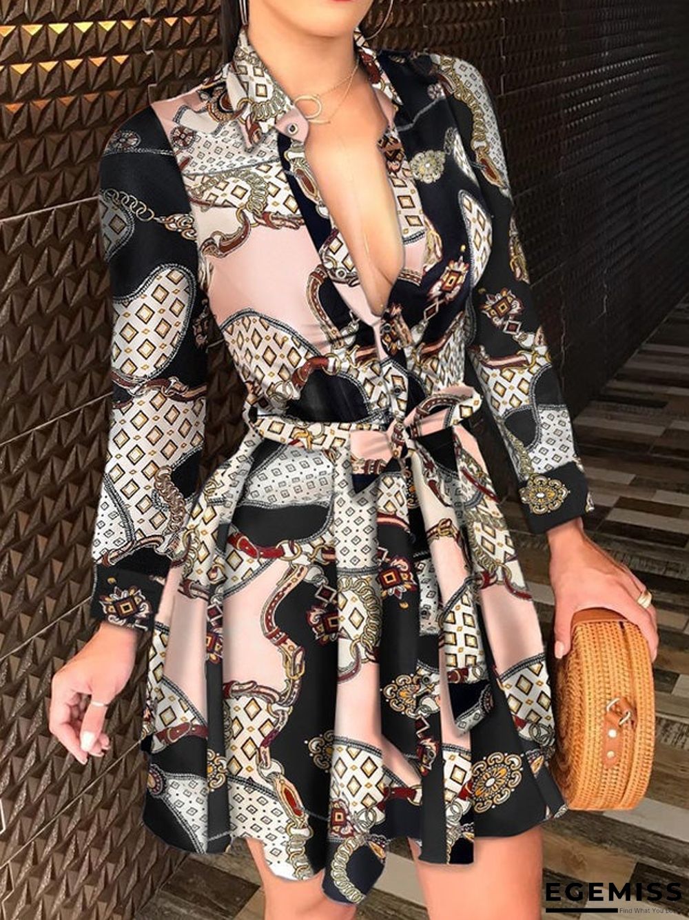 Autumn and Winter New Long Sleeve V-neck Bandage Fashion Sexy Printed Dress | EGEMISS