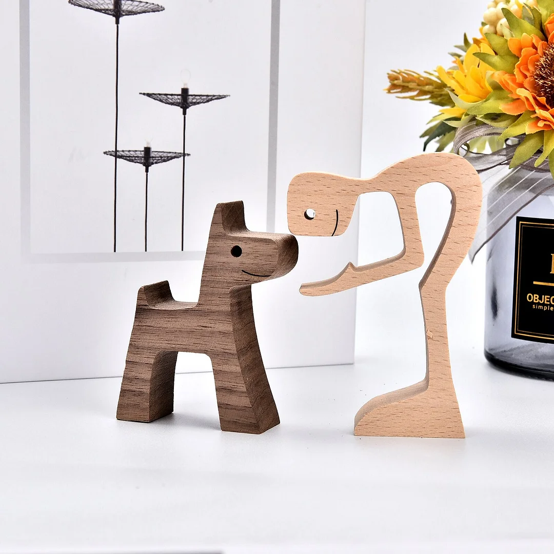 Creative Wooden Dog Figures Table Decorarion Men and Dog Statue Art Craft Carving Miniature Decoration Home Decor Desk Ornaments