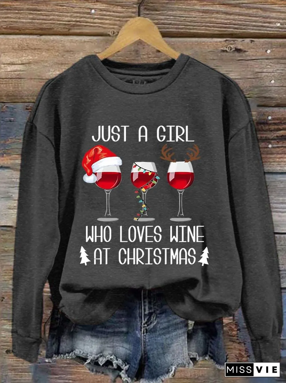 Women's Just A Girl Who Loves Christmas Red Wine Glass Print Crew Neck Sweatshirt