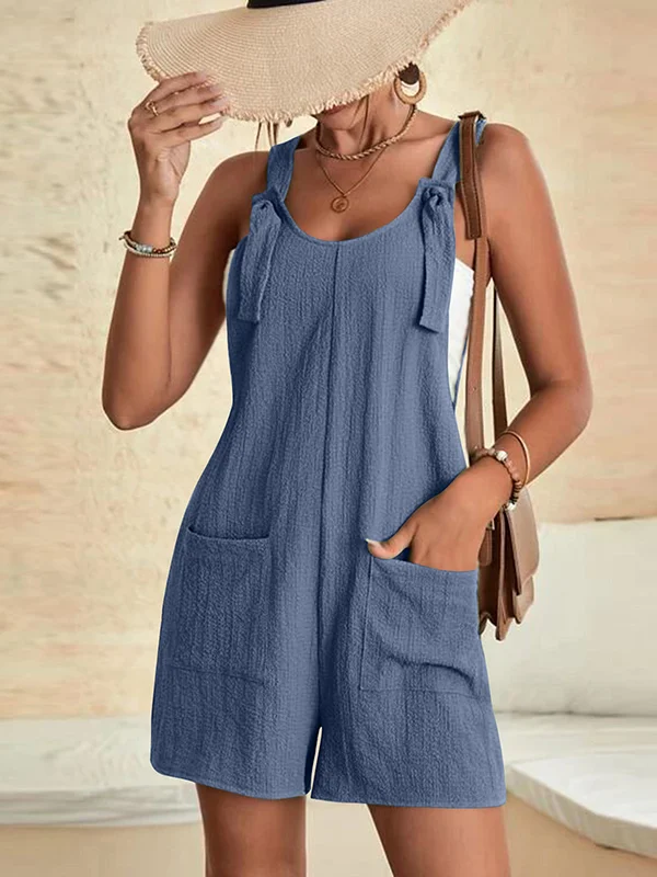 Loose Sleeveless Solid Color U-Neck Rompers