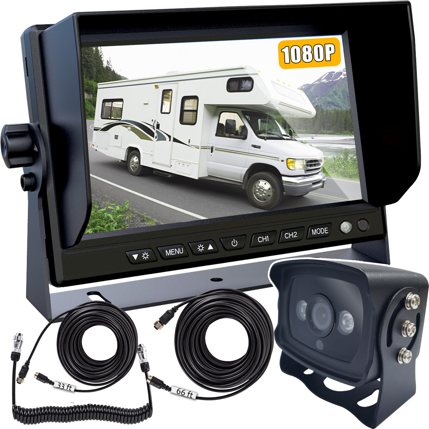 VSYSTO 4CH HD 1080p Backup Cameras, Dash Cam for Semi Trailer Truck Van Tractor RV, 7.0'' Monitor 2 Split Screen GPS Front & Sides & Rear Camera DVR