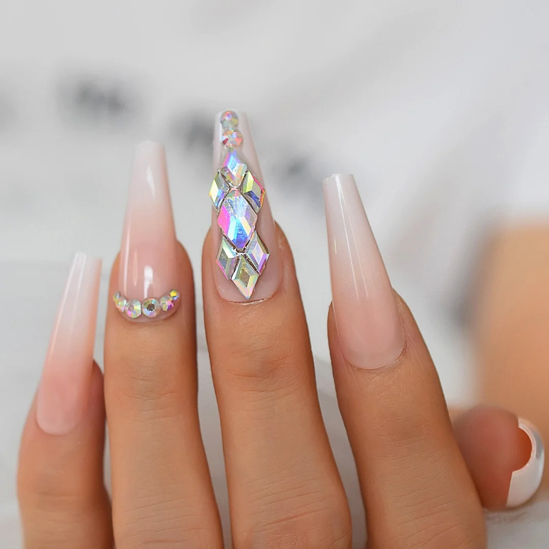 Extra Long Fake Nails False Set Press On Tips Ombre 3D Bling Nails With Rhinestones Coffin Ballerina Nail Art-Nail Inspo