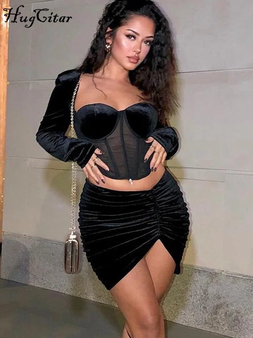 Hugcitar 2022 Velvet Mesh Long Sleeve Corset Out Crop Top Ruched Mini Dress 2 Pcs Set Bodycon Sexy Streetwear Elegant Club Y2K