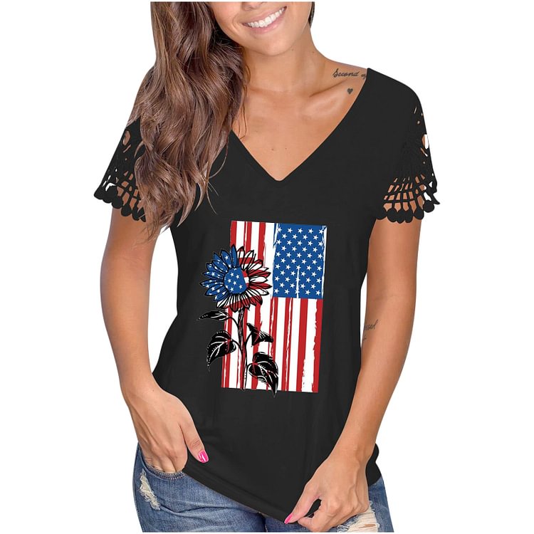 Women's Hollow Out Lace Top Summer V-neck Independent Day T-shirt
