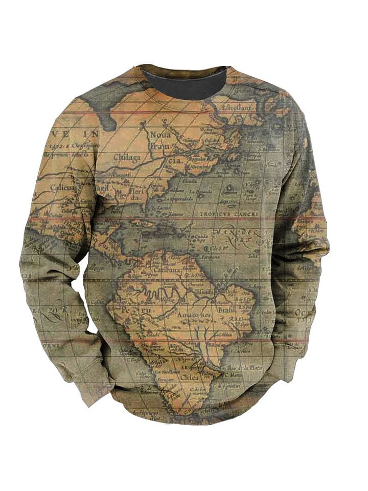Men's Map and Animal Print Sports Fashion Trendy Long-sleeved Sweatshirt -vasmok