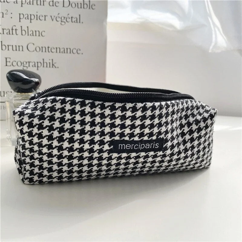 PURDORED 1 Pc Vintage Houndstooth Women Makeup Bag Zipper Cosmetic Bag Travel Beauty Case Storage Organizer Student Pencil Bag