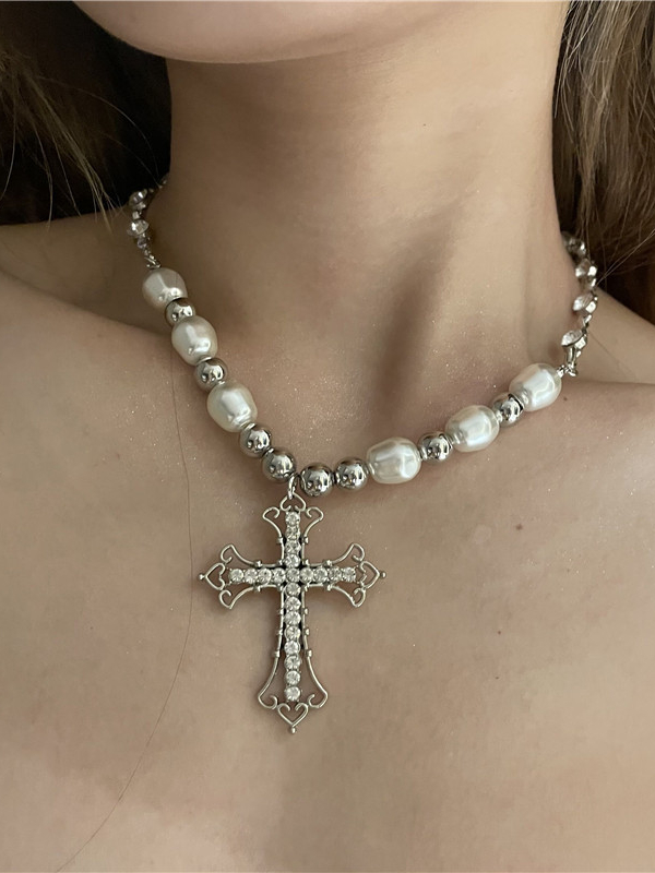 Vintage Hip-pop Style Pearl Chain Simple Basic Cross Pendant Choker
