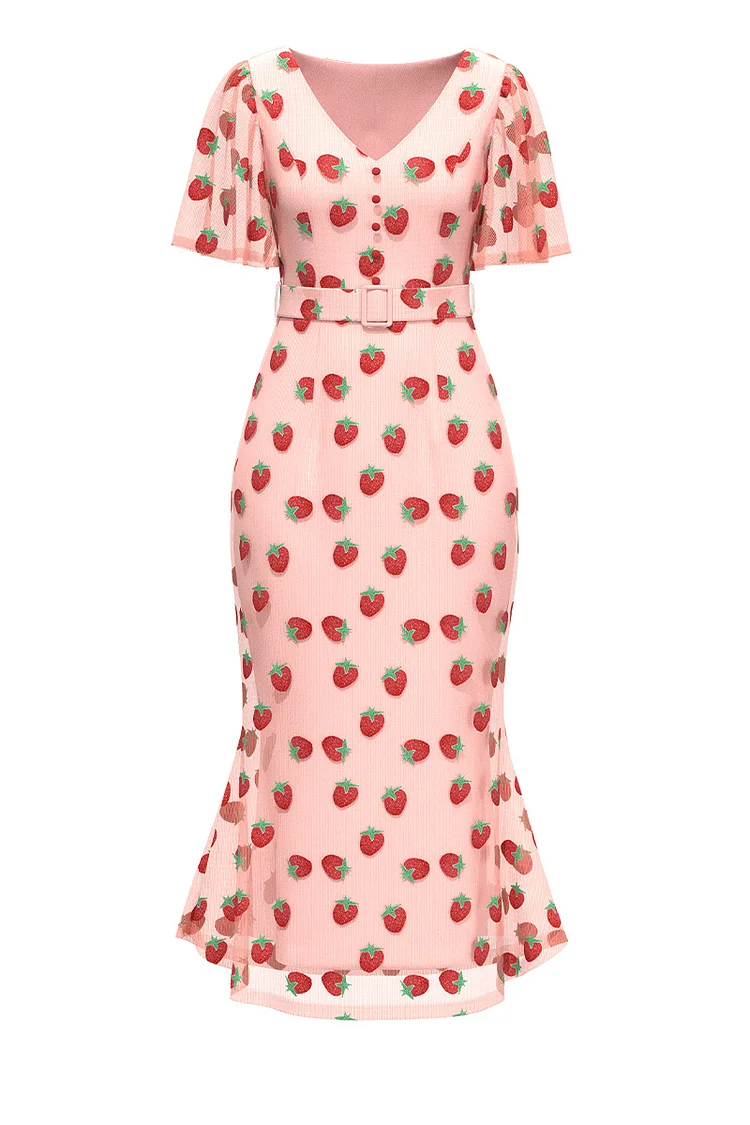 1950s Pink Formal Lace Mesh Strawberry Print Double Layered Pencil Midi Dress (With Belt) [Pre-Order]