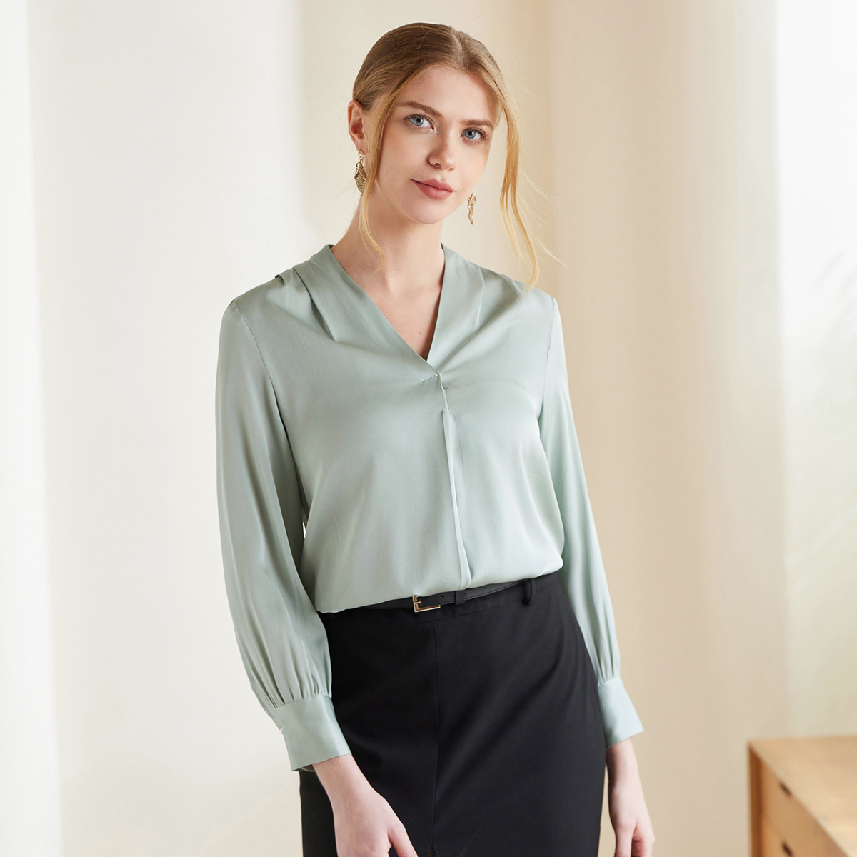 Spring V-neck Silk Shirt for Women Solid Color REAL SILK LIFE