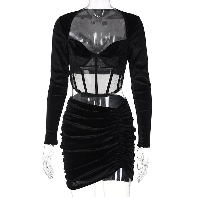 Hugcitar 2022 Velvet Mesh Long Sleeve Corset Out Crop Top Ruched Mini Dress 2 Pcs Set Bodycon Sexy Streetwear Elegant Club Y2K
