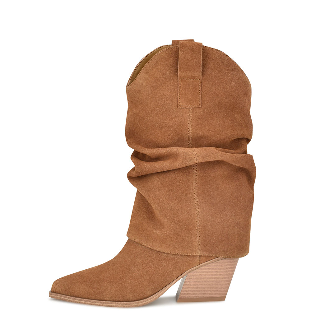 Fashion Tan Pointed Toe Fold Over Ankle Boots with Chunky Heel Nicepairs
