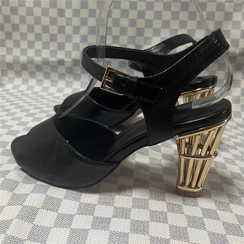 Unique Metal Fretwork Strange Heel Sandals Women Ankle Strap Genuine Leather Concise Style Party Shoes