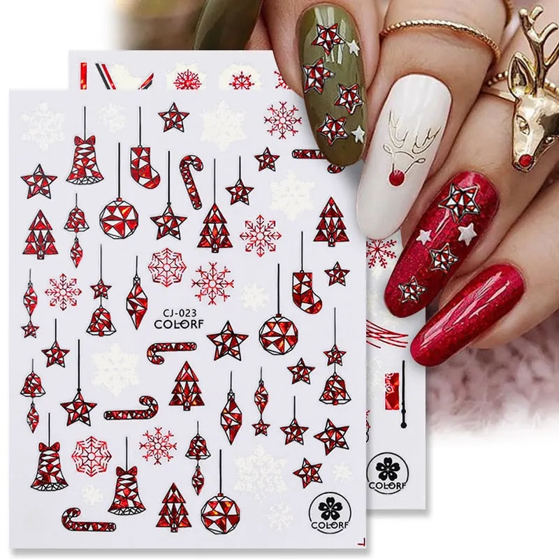 Winter Xmas 3D Nail Sticker Christmas Elk Santa Snowflake Deer Fox Cartoon Slider Design Polish Nails Decals Nail Art DIY Decor-Nail Inspo