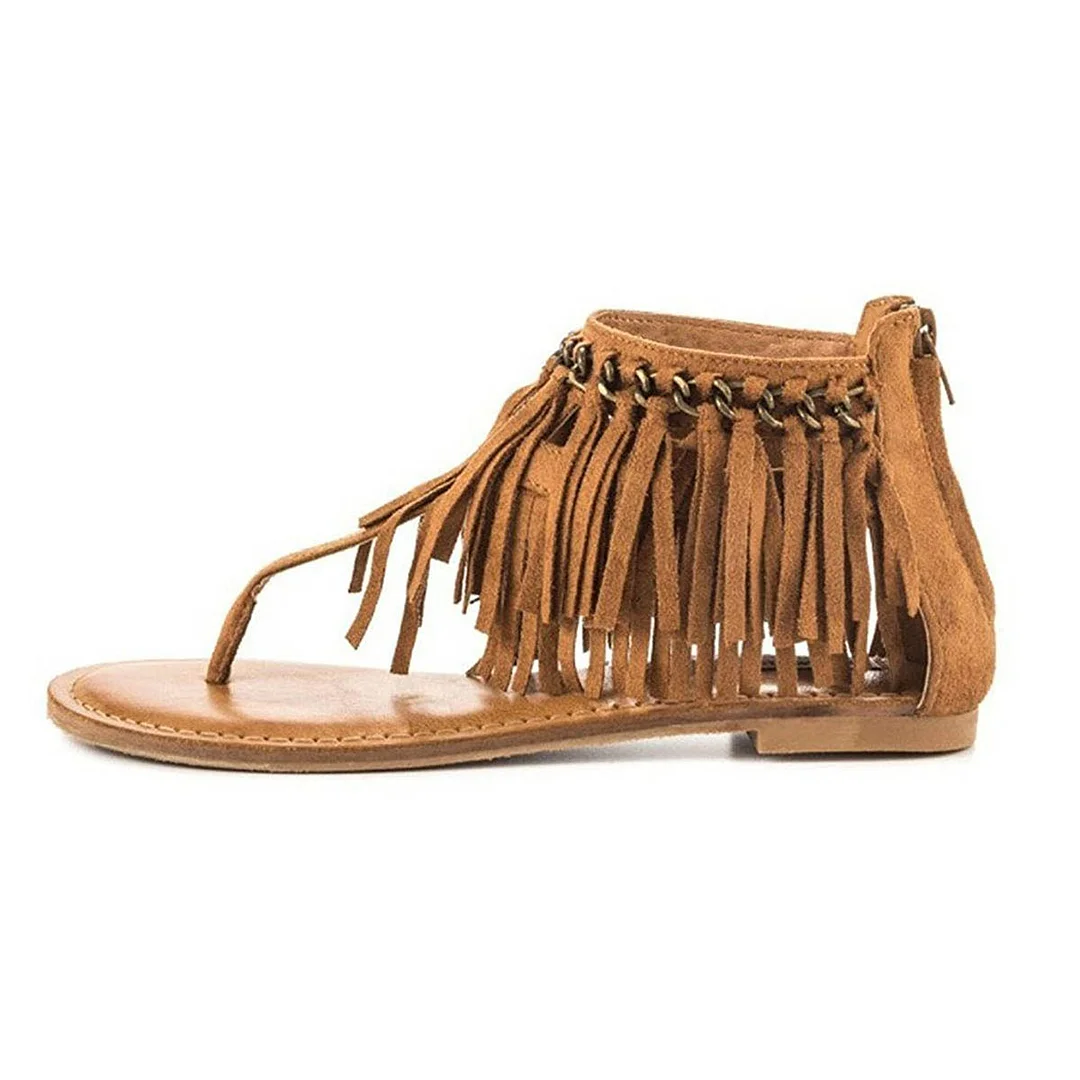 Tan Vegan Suede Round Toe Flip Flop Flat Boho Sandals with Tassels