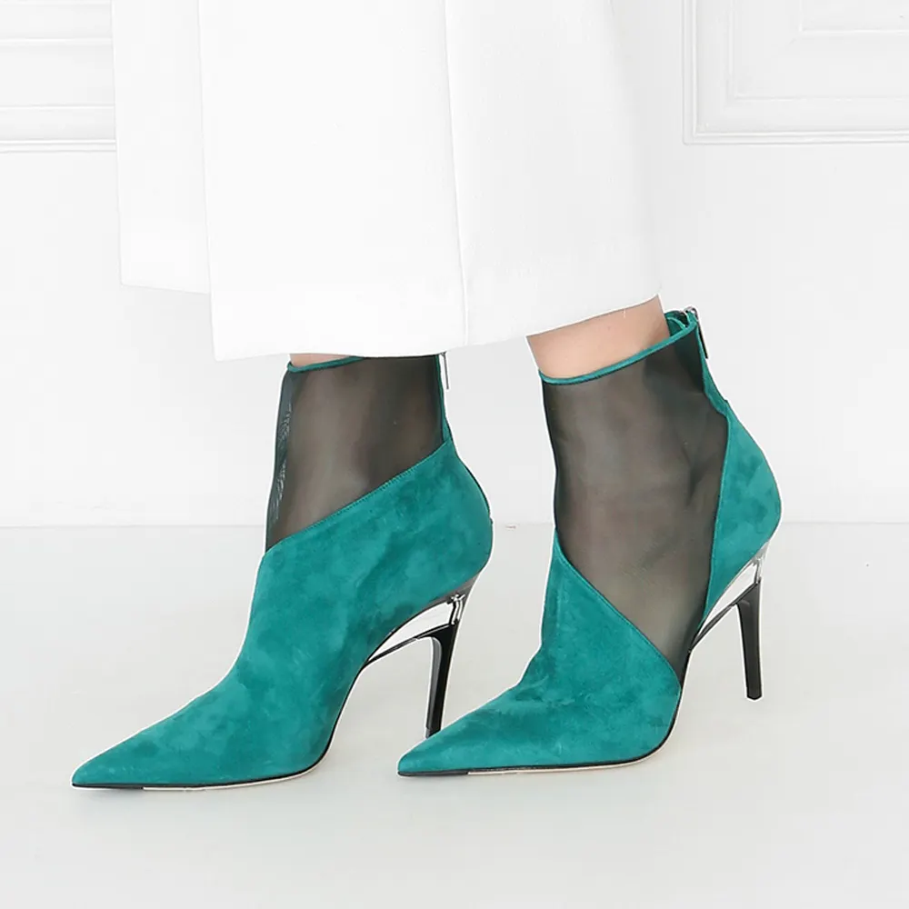 Turquoise Pointed Toe Stiletto Heel Back Zipper Short Boots for Women