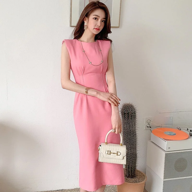 Summer Office Lady Casual Wear Dress Women Solid Formal Slim Dress Female Bodycon Slevessless Vestdios