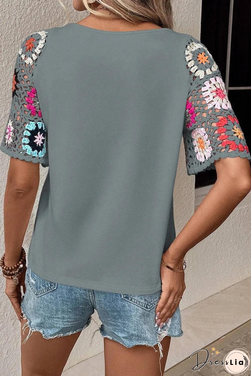 Medium Grey Floral Crochet Short Sleeve Top