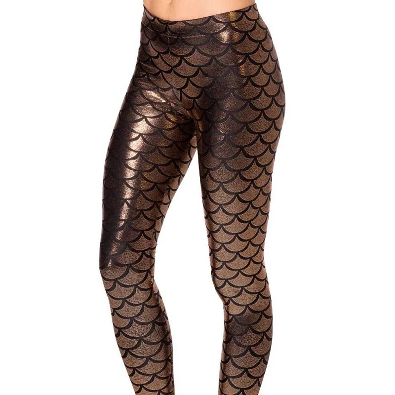 CUHAKCI Women Fish Scale Print Mermaid Leggings Push Up Stretch Shiny Pants Casual Trousers