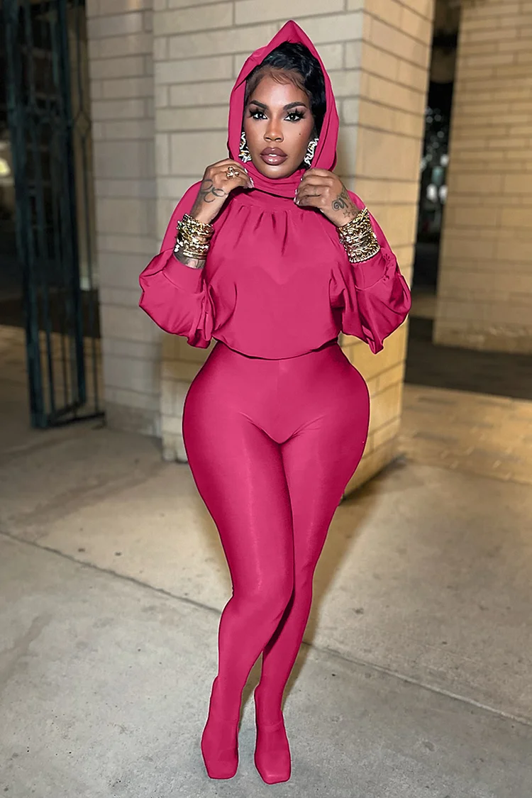 Long Bell Sleeve Hoodie Leggings Solid Party 2pcs Set-Burgundy [Pre Order]