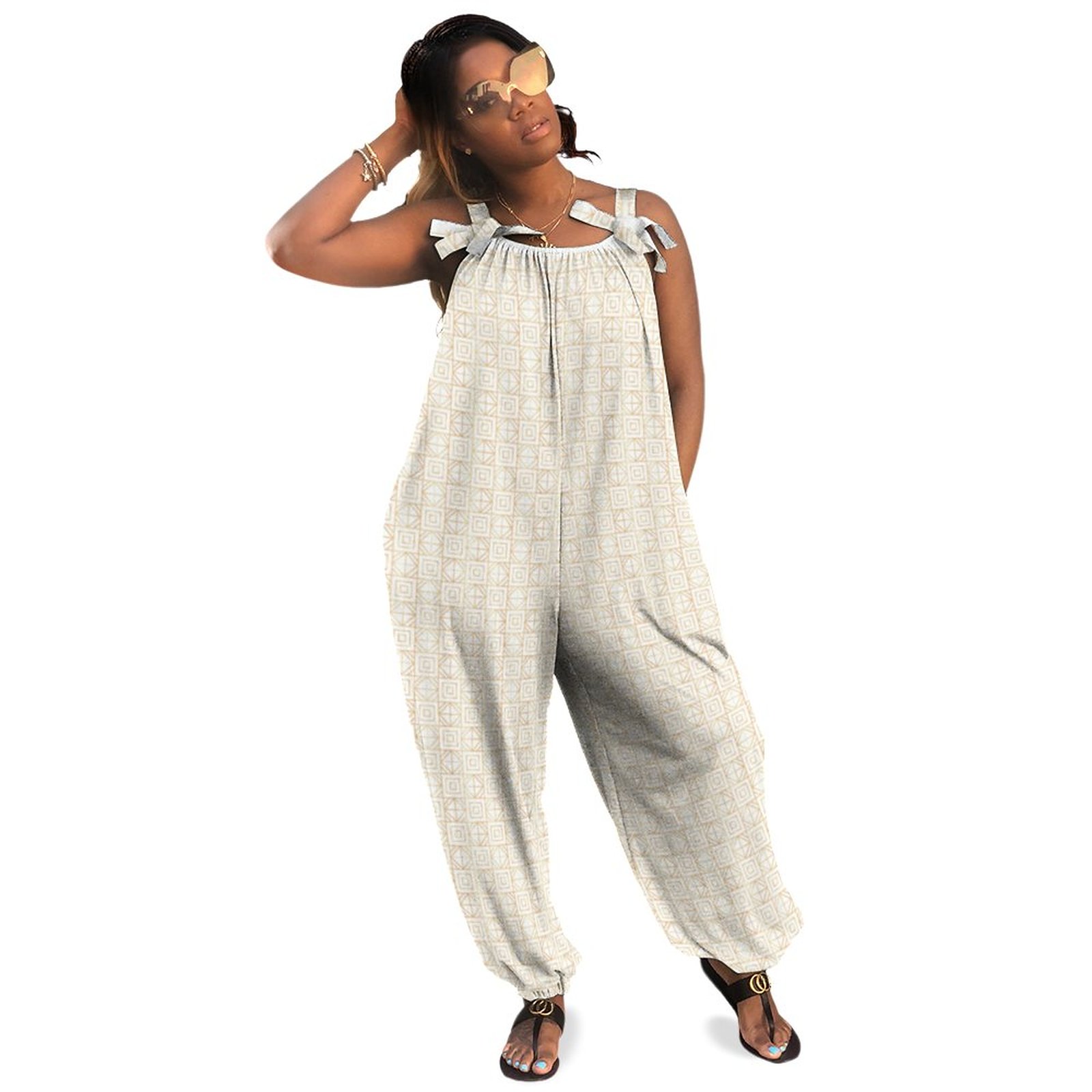 White With Gold Diamond Design Pattern Plus Size Wide Leg Jumpsuit Women Summer Casual Sleeveless Keyhole Open Back Luxury Jumpsuit Long Length Pockets