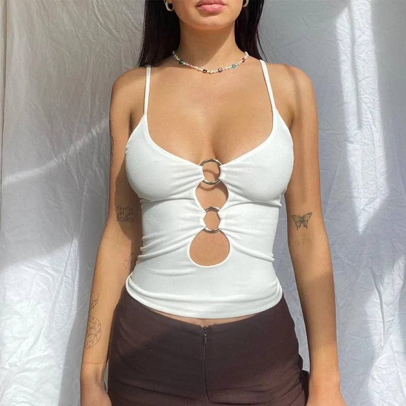 2022 Sexy V Neck Crop Tops Women Solid Color Sleeveless Hollow Out Cami Tops Summer Sexy Club Casual Tank Tops Female Shirts