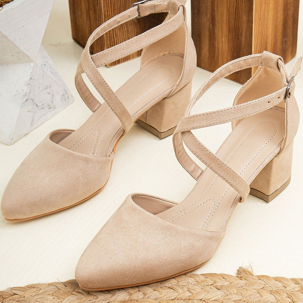 Beige Almond Toe Block Heel Buckle Criss-Cross Strap Pumps for Women Nicepairs