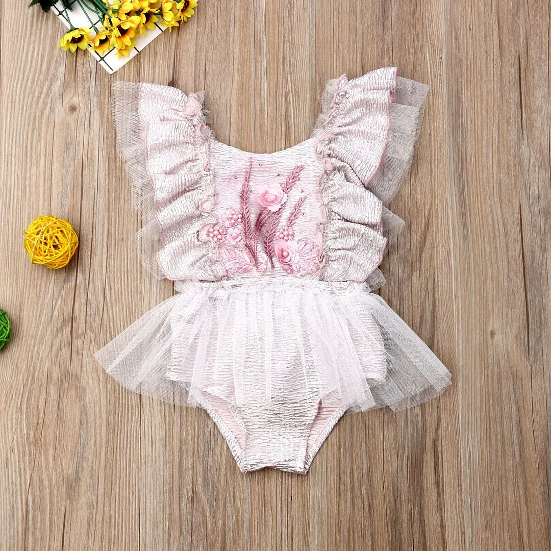 2019 Baby Summer Clothing Newborn Baby Girl Ruffle Sleeve Flower Bodysuit Embroidery Jumpsuit Outfits Chiffon Sunsuit 3M-24M