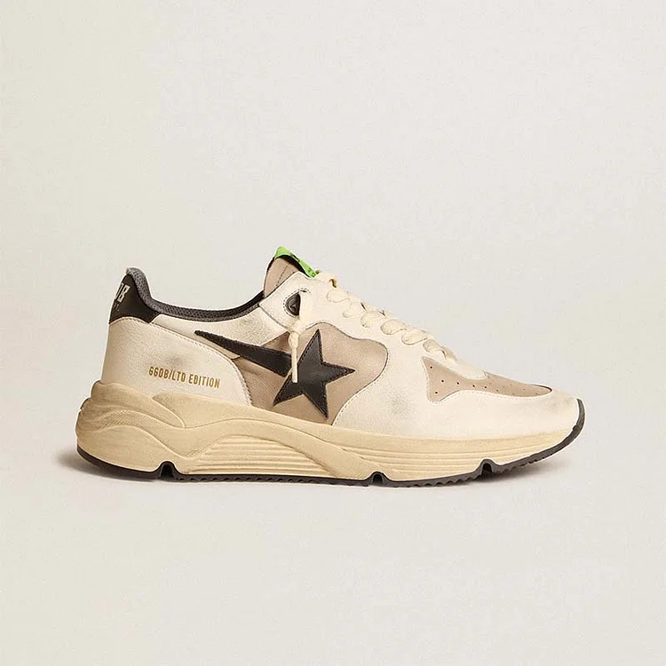 Golden Goose Running Sole Uomo LTD de piel gris y napa blanca con estrella de piel negra