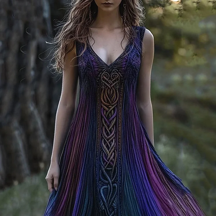 Vintage Viking Pattern Gradient Casual V Neck Tank Dress
