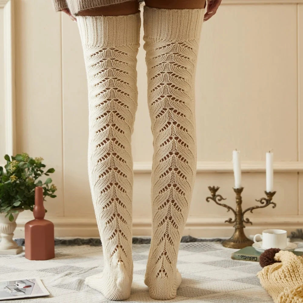 Hollow Long Tube Over The Knee Socks Knitted Pile Socks
