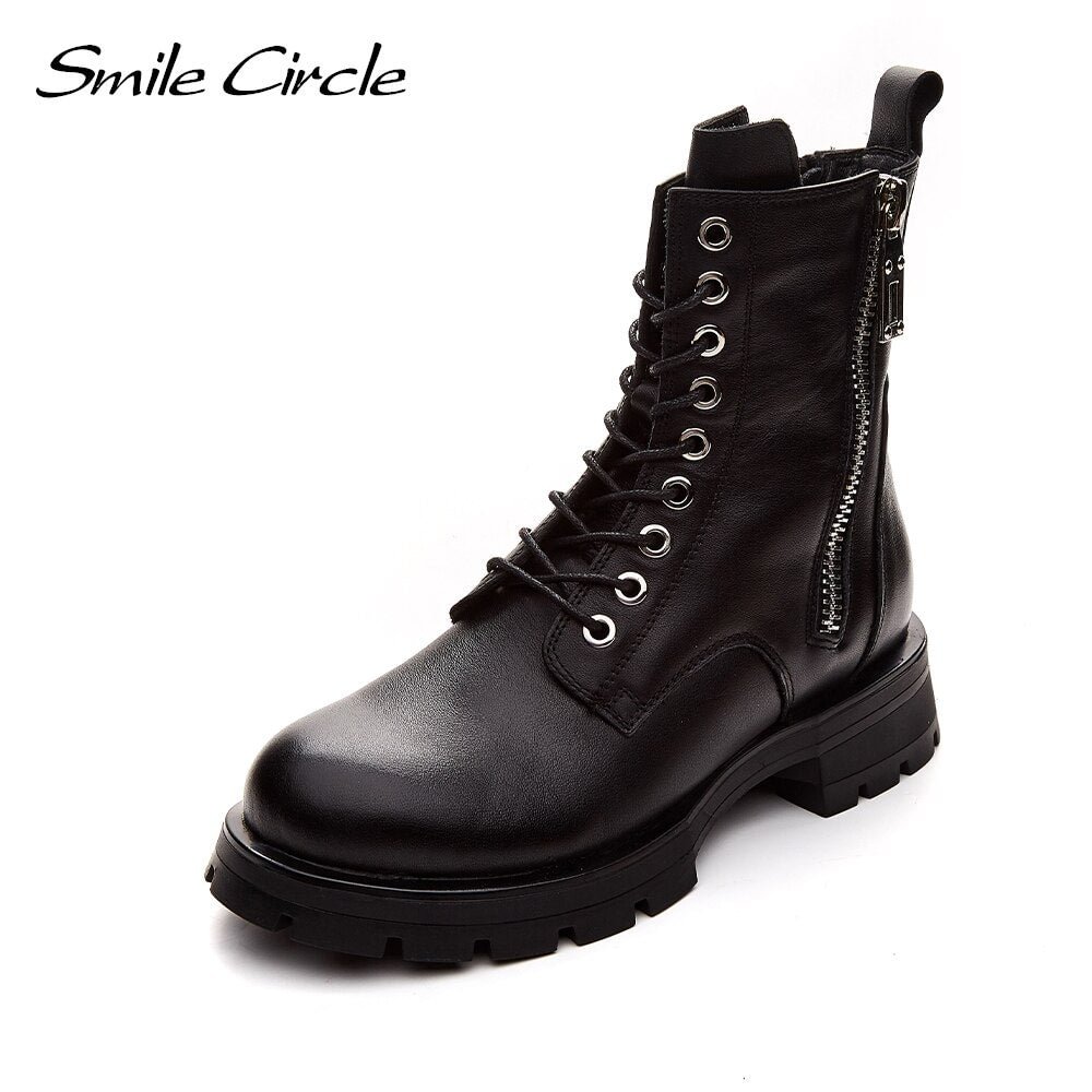 Smile Circle Cow Leather Ankle Boots Women Platform Boots Cow Leather Ladies Shoes zipper Short Motorcycle Boots Autumn