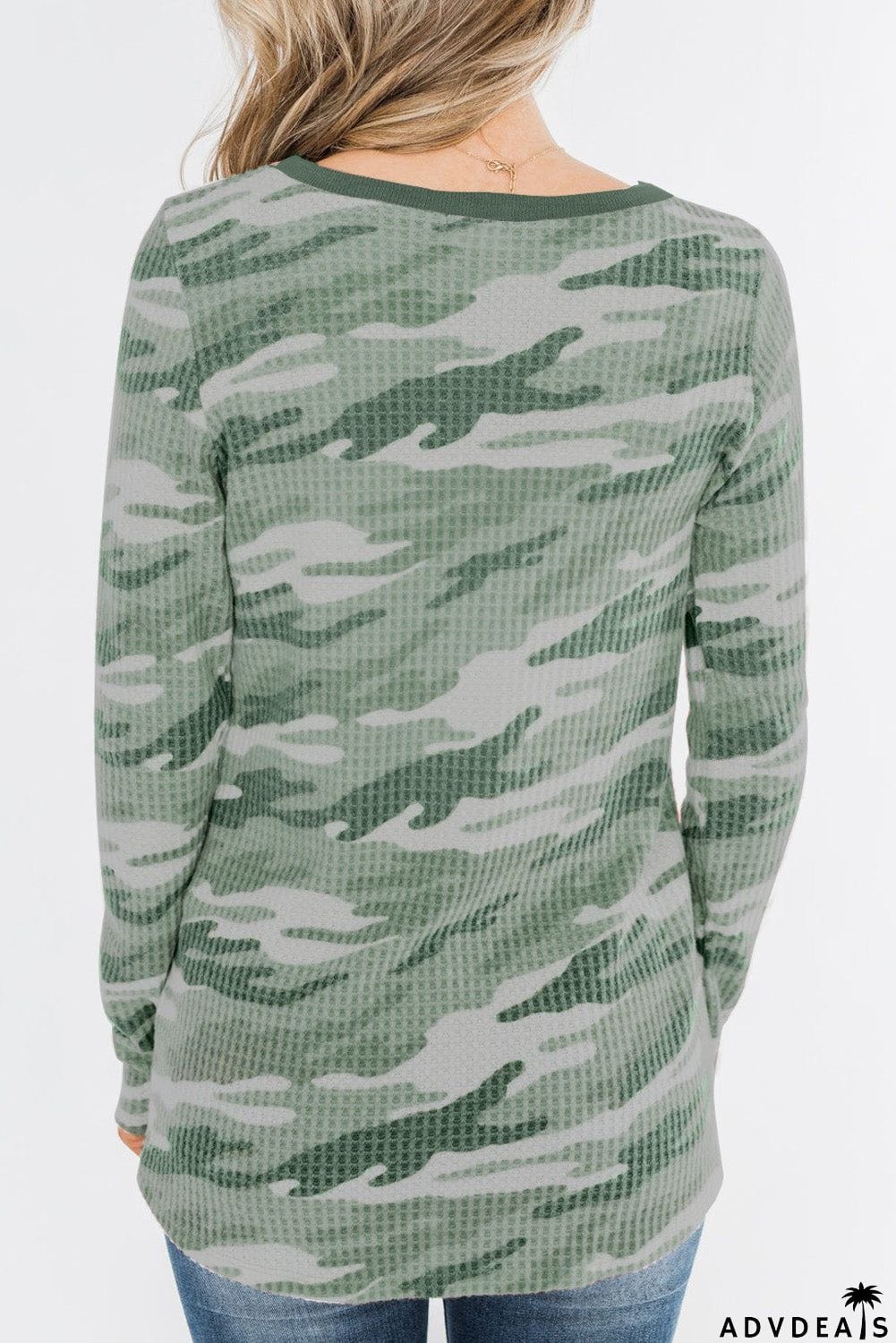 Camo Print Button Waffle Knit Long Sleeve Top