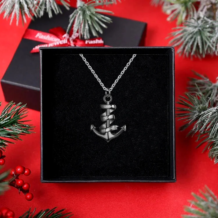 3 Names-Personalized Pirate Ship Anchor Necklace Set With Gift Box-Custom Men Necklace Engrave 3 Names Necklace For Him