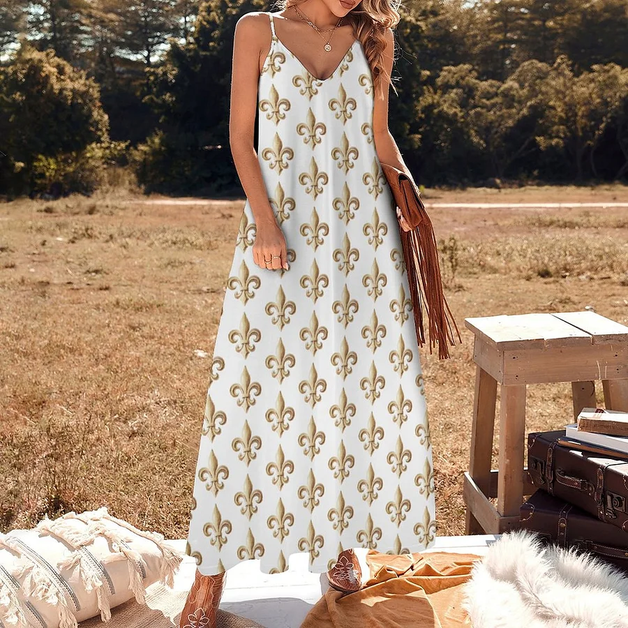 Classy Gold Gradient Heraldic Fleur de Lis Women's Casual Strappy V Neck Sleeveless Flowy Loose Long Maxi Beach Dress Sundress Gold-S Classy Gold Gradient Heraldic Fleur de Lis Women's Casual Strappy V Neck Sleeveless Flowy Loose Long Maxi Beach Dress Sundress Gold-S