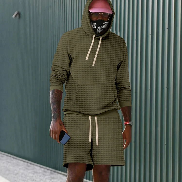 Broswear Solid Color Casual Checkered Long Sleeve Hoodie And Shorts Co-Ord