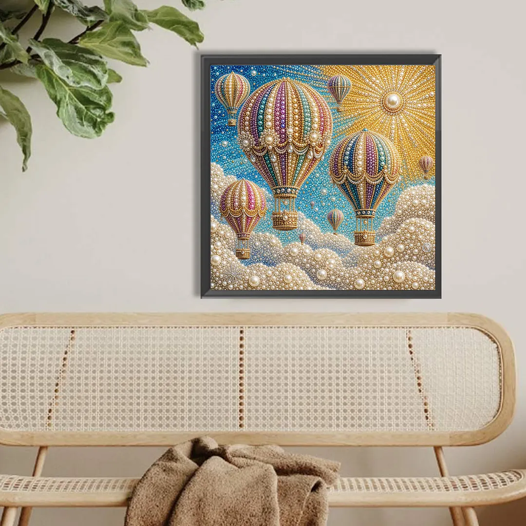 Hot Air Balloon Pearl Full DIY 5D Round Drill Gem Art Diamond Painting Kits 15.75x15.75 in Diamond Dots Paintings Picture Arts Craft Diamond Art Kits for Adults Beginner Home Wall Decor