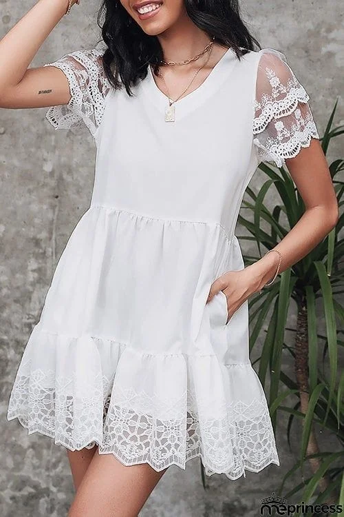 Lace V Neck Pockets Mini Dress