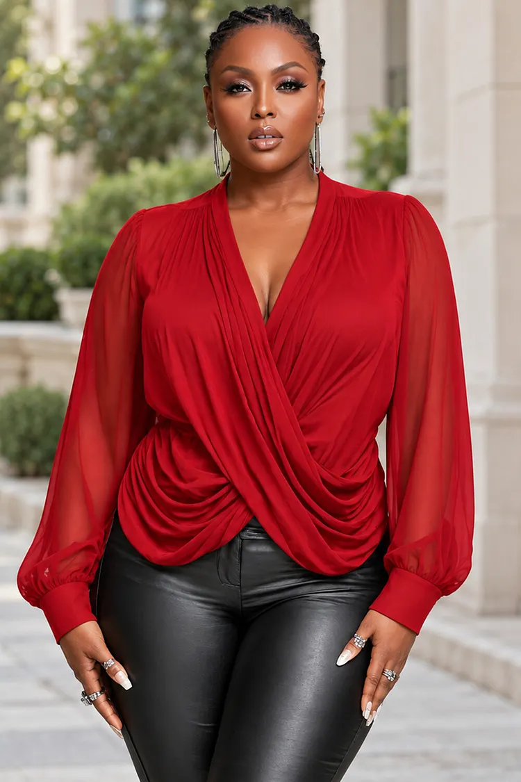 Xpluswear Design Plus Size Business Casual Red Wrap Neck Long Sleeve Fold Chiffon Tops [Pre-Order] 2024 - Xpluswear
