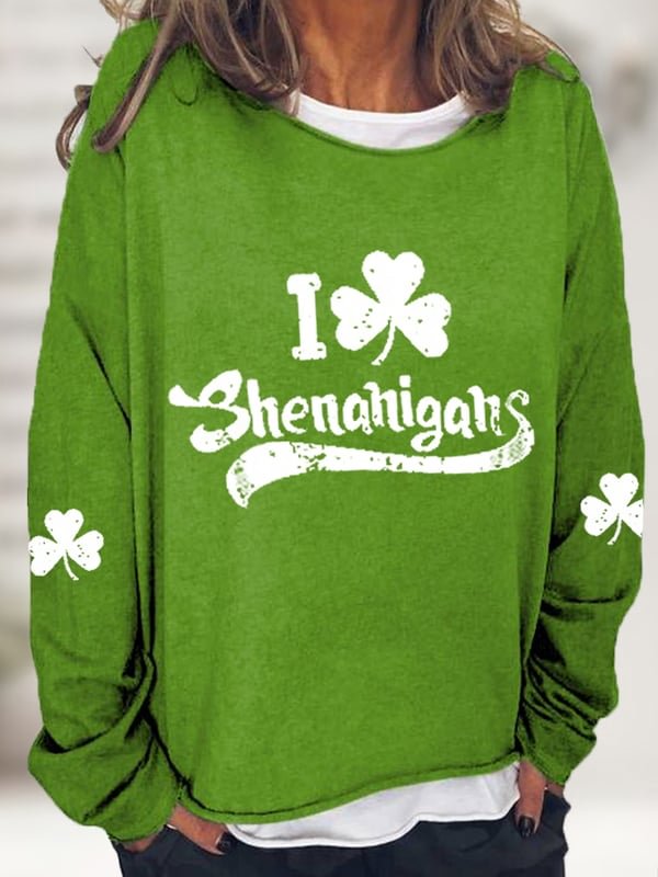Women's St. Patrick's Day I Love Shenanigans Lucky Shamrock Casual Long-Sleeve T-Shirt